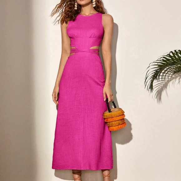 . Dresses & Skirts - Hot Pink Boho Womens Lace Up Backless Solid Dress